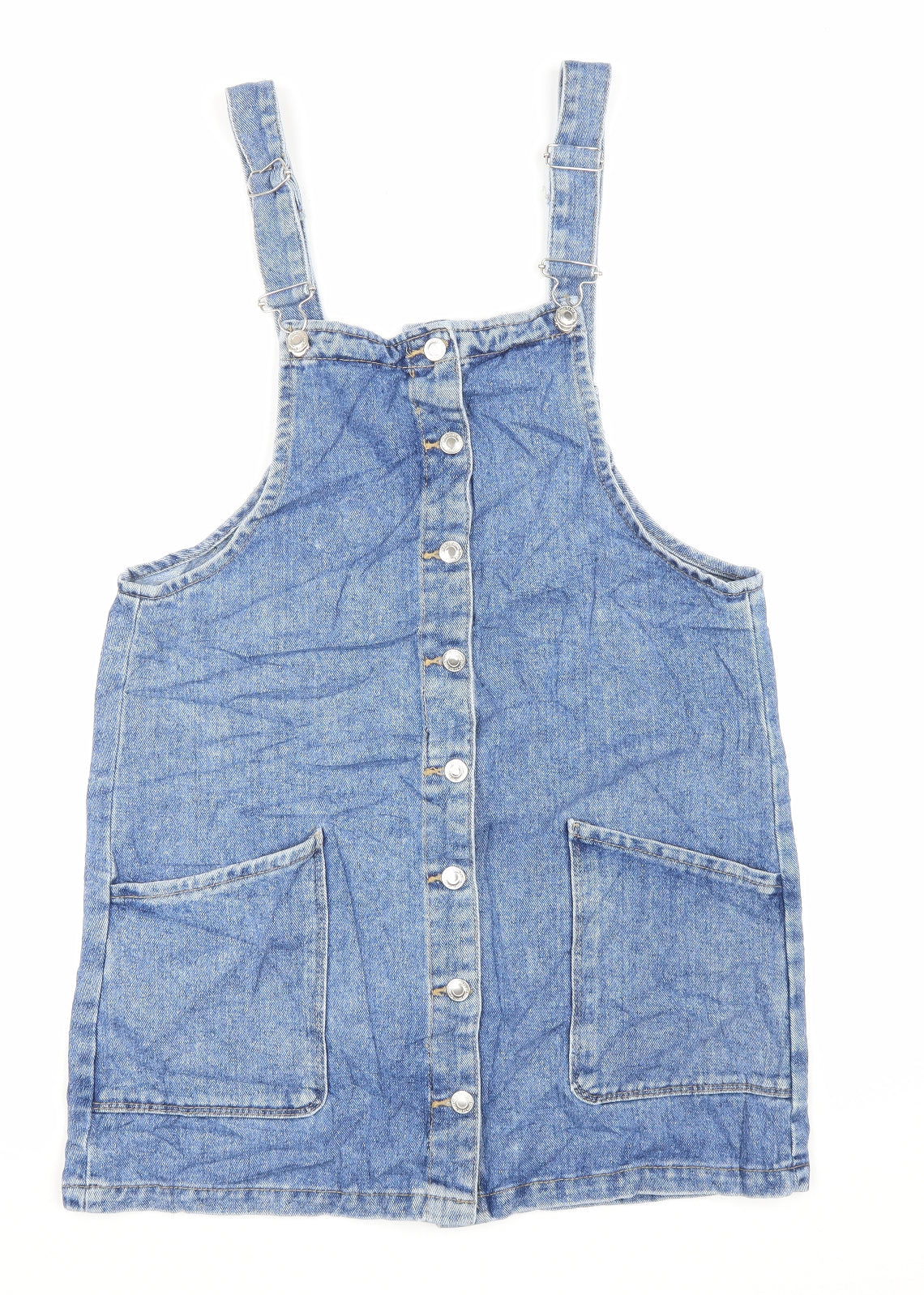 Denim Co Womens Blue Cotton Pinafore/Dungaree Dress Size 14 Square Neck Button