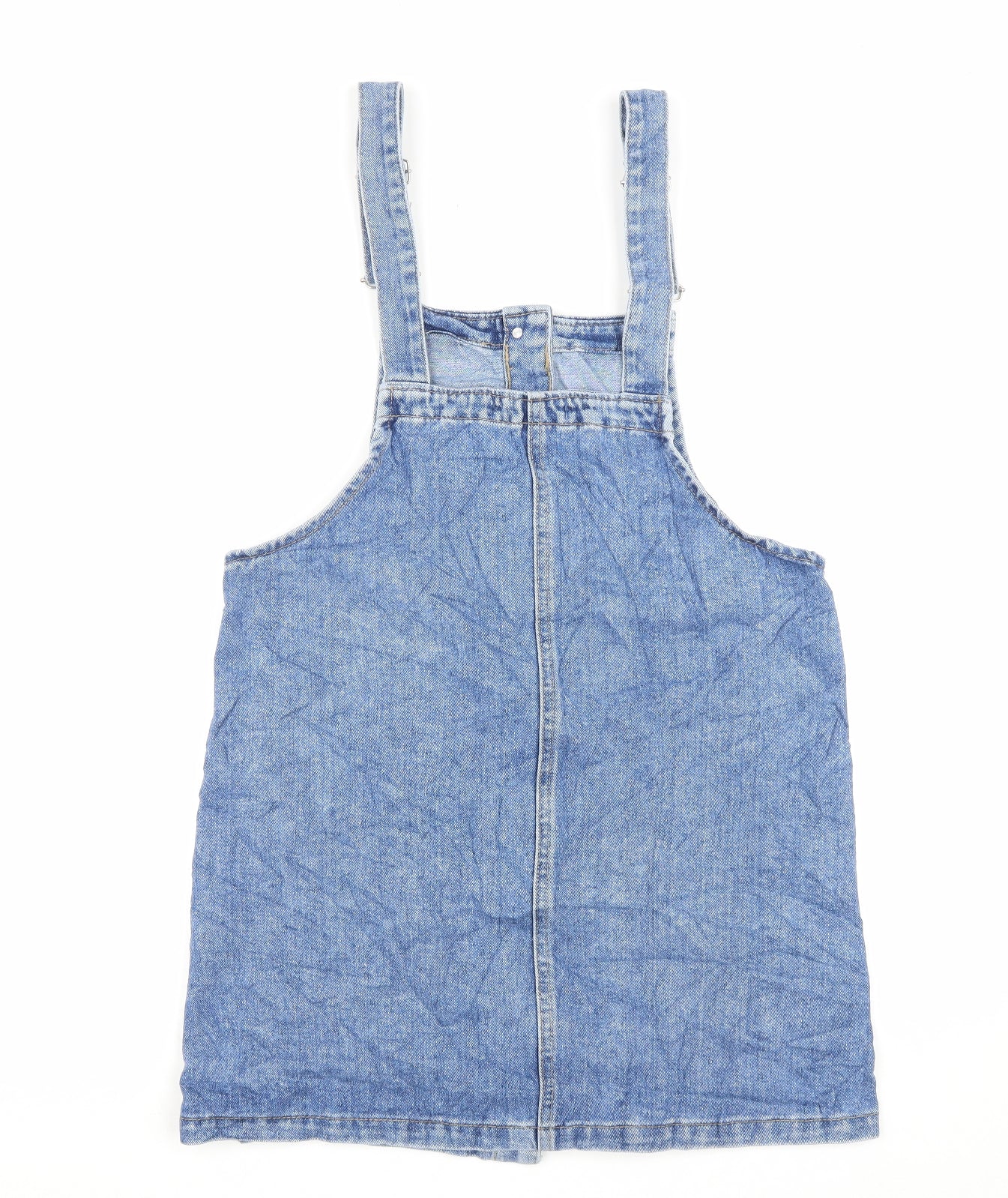 Denim Co Womens Blue Cotton Pinafore/Dungaree Dress Size 14 Square Neck Button