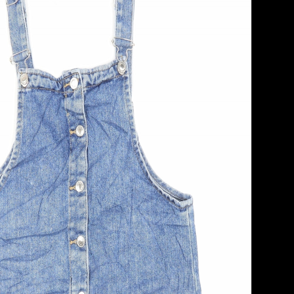 Denim Co Womens Blue Cotton Pinafore/Dungaree Dress Size 14 Square Neck Button