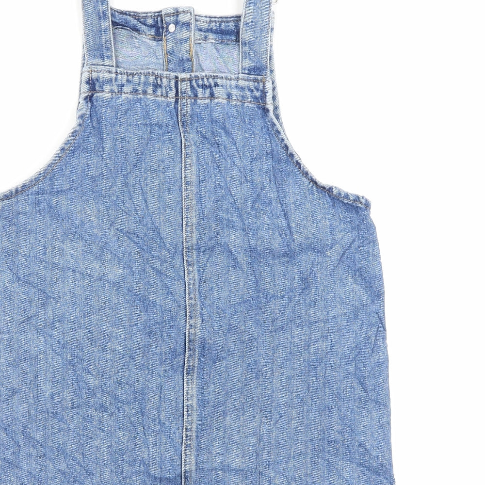 Denim Co Womens Blue Cotton Pinafore/Dungaree Dress Size 14 Square Neck Button