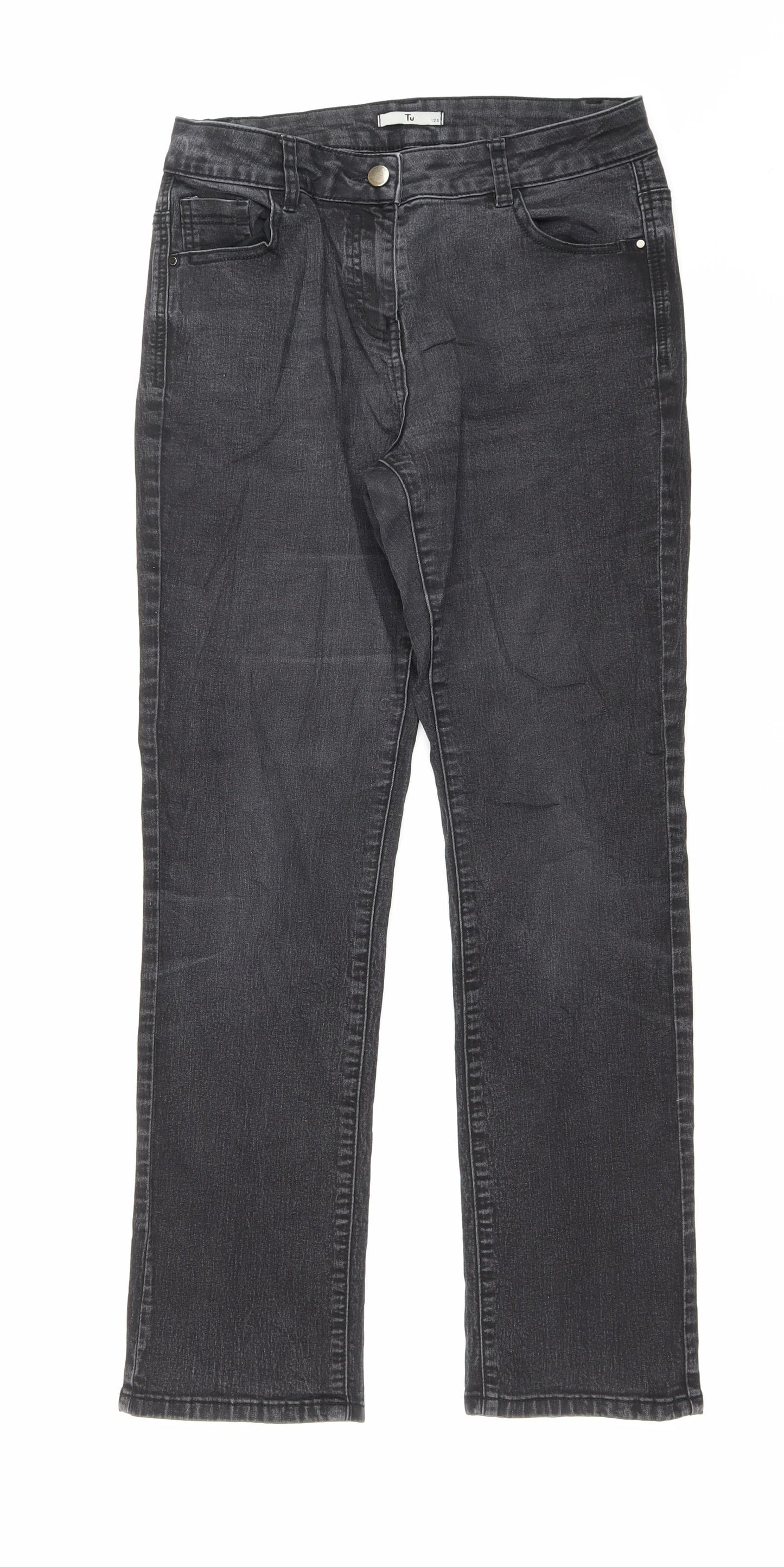 TU Womens Grey Cotton Straight Jeans Size 12 L27 in Regular Zip