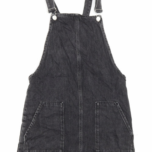Topshop Womens Black Cotton Pinafore/Dungaree Dress Size 6 Square Neck Button