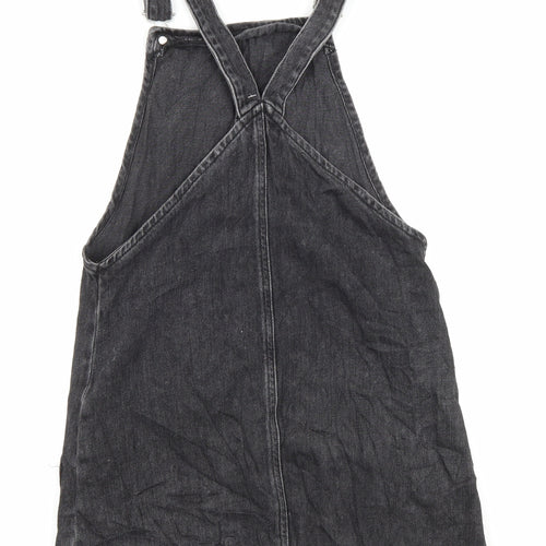 Topshop Womens Black Cotton Pinafore/Dungaree Dress Size 6 Square Neck Button