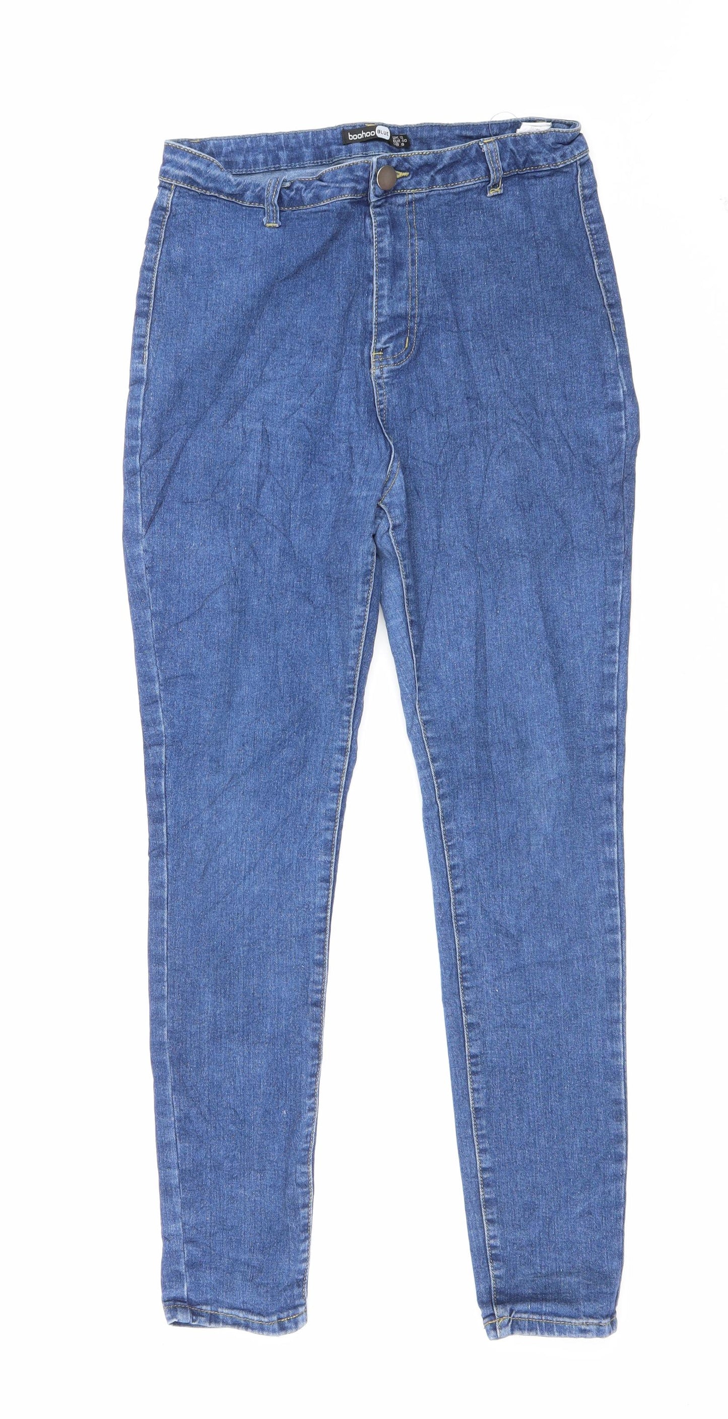 Boohoo Womens Blue Cotton Skinny Jeans Size 12 L27 in Regular Zip