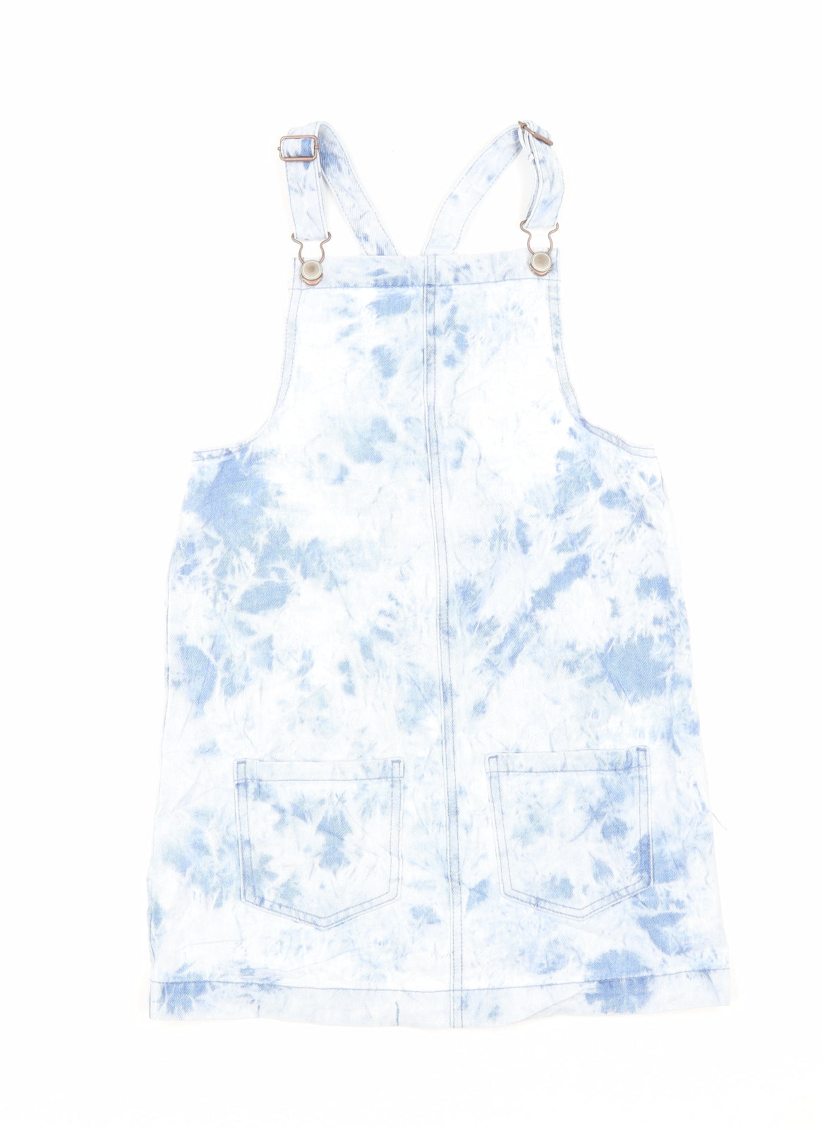 George Girls Blue Tie Dye Cotton Pinafore/Dungaree Dress Size 9-10 Years Square Neck Button