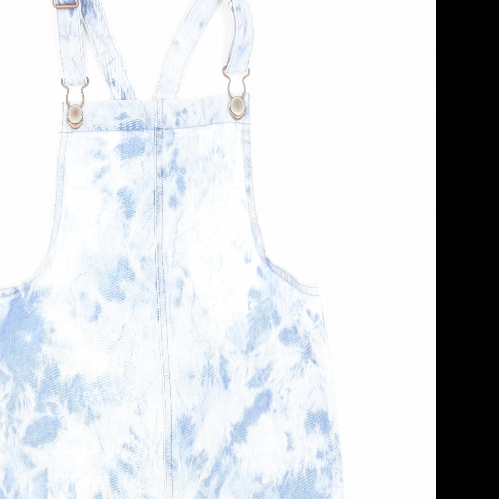 George Girls Blue Tie Dye Cotton Pinafore/Dungaree Dress Size 9-10 Years Square Neck Button