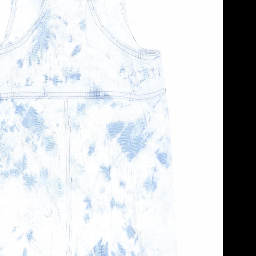 George Girls Blue Tie Dye Cotton Pinafore/Dungaree Dress Size 9-10 Years Square Neck Button