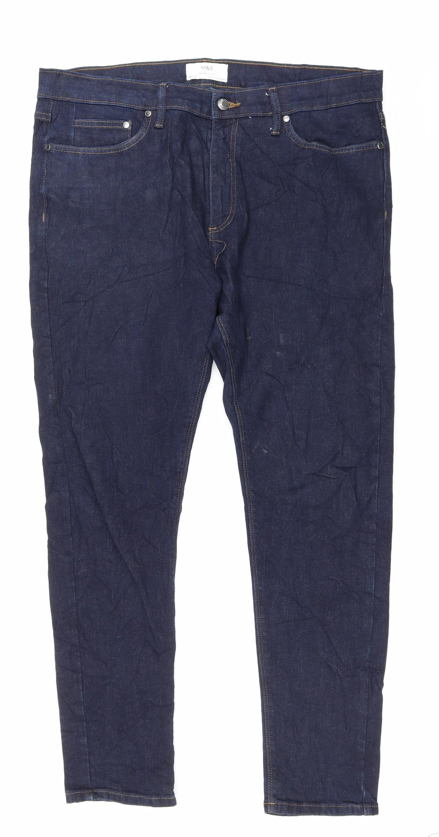 Marks and Spencer Mens Blue Cotton Straight Jeans Size 38 in L27 in Regular Zip