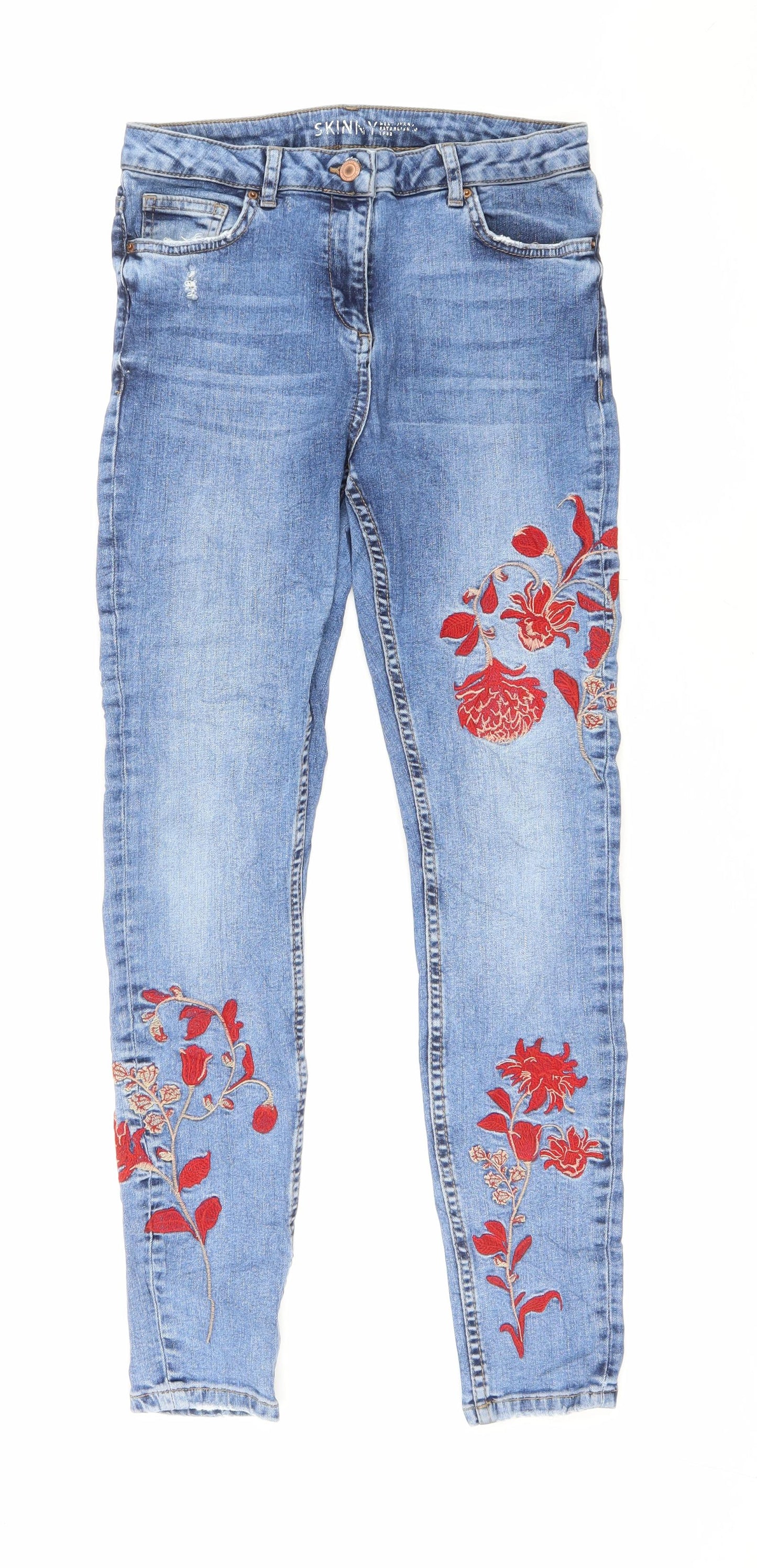 NEXT Womens Blue Cotton Skinny Jeans Size 12 L27 in Regular Zip - Flowers