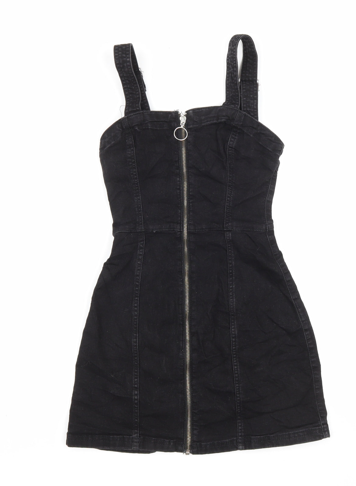 H&M Womens Black Cotton Pinafore/Dungaree Dress Size 4 Square Neck Zip