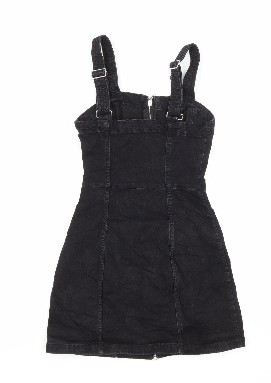 H&M Womens Black Cotton Pinafore/Dungaree Dress Size 4 Square Neck Zip
