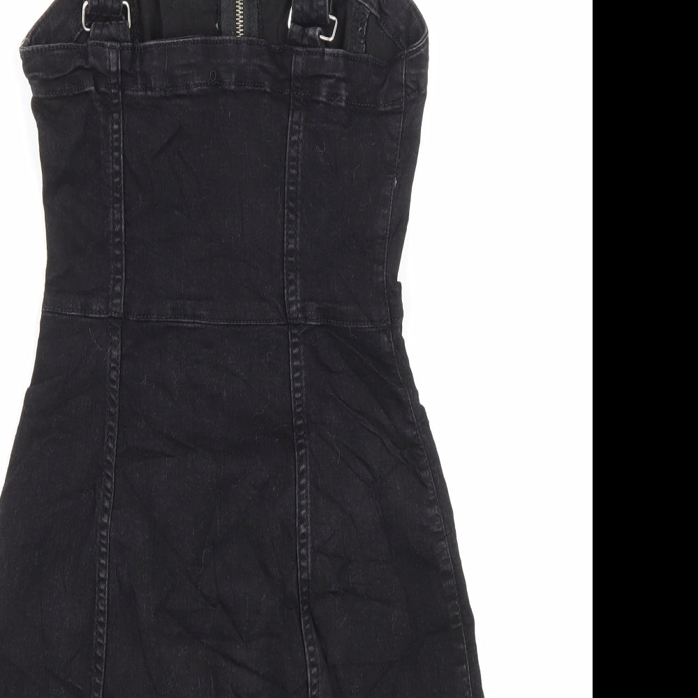 H&M Womens Black Cotton Pinafore/Dungaree Dress Size 4 Square Neck Zip