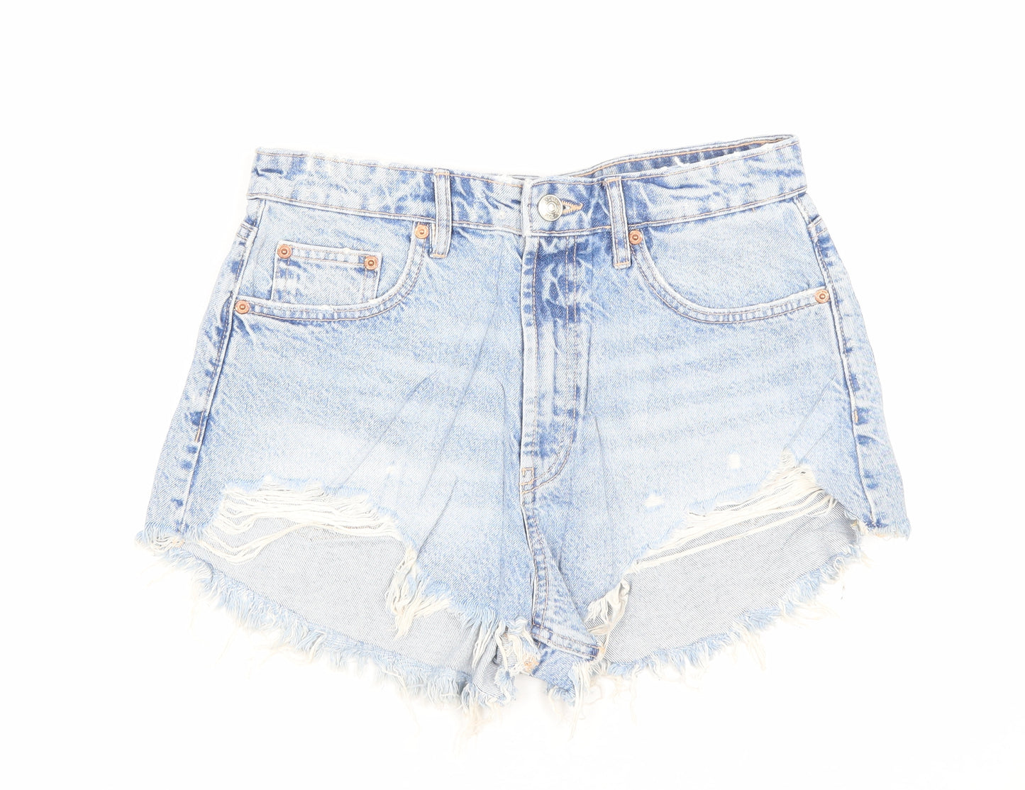 Zara Womens Blue Cotton Hot Pants Shorts Size 8 Regular Zip - Distressed