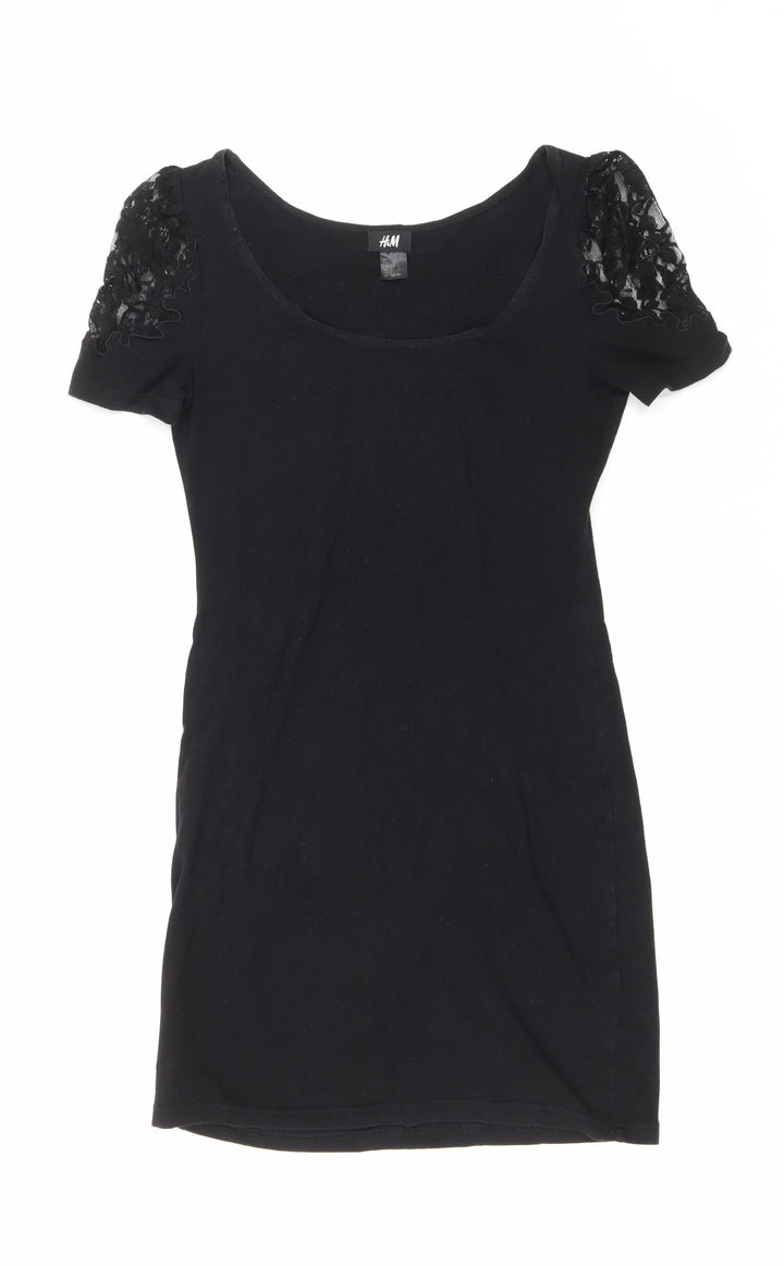 H&M Womens Black Polyester T-Shirt Dress Size 8 Scoop Neck Pullover - Lace shoulder detail