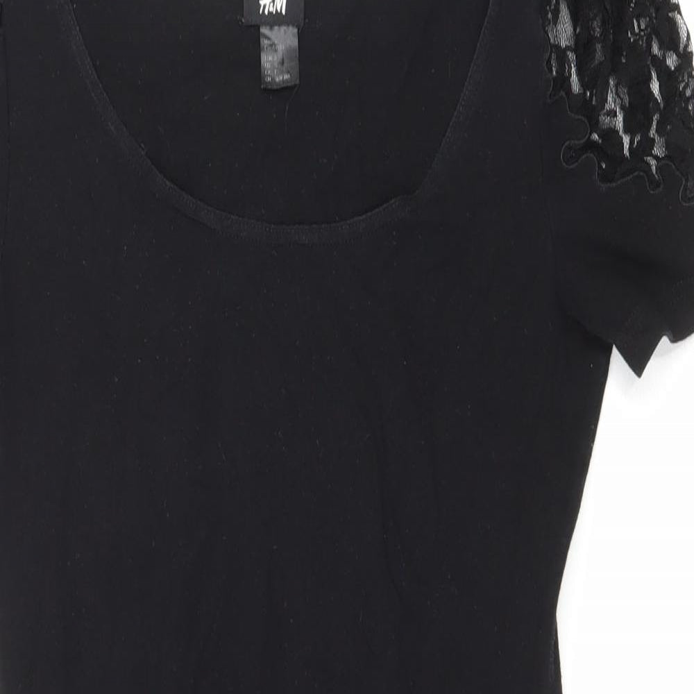 H&M Womens Black Polyester T-Shirt Dress Size 8 Scoop Neck Pullover - Lace shoulder detail