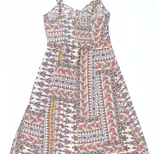Topshop Womens Multicoloured Floral Polyester Fit & Flare Size 14 Sweetheart Pullover - Tie detail