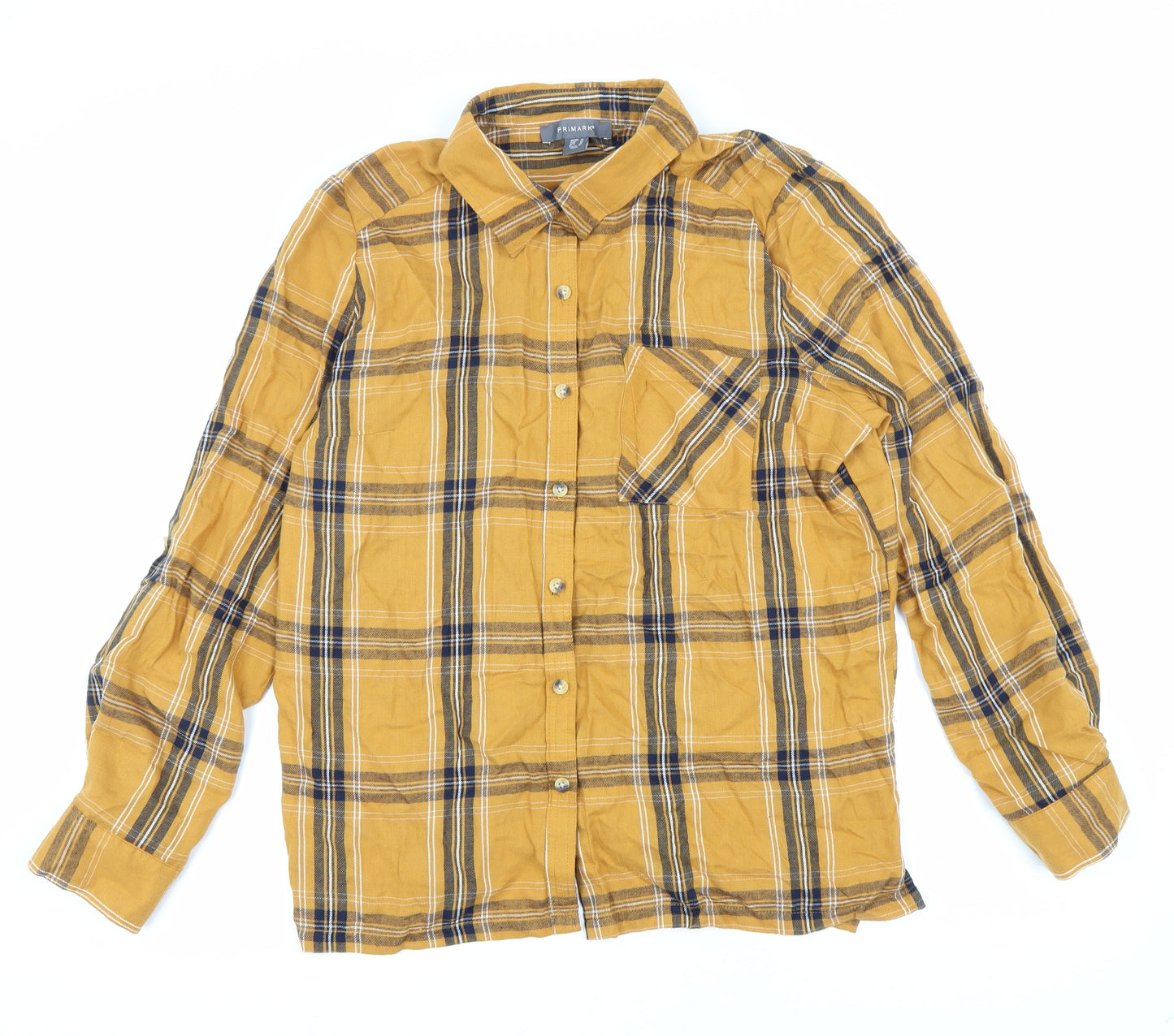 Primark Womens Yellow Plaid Cotton Basic Button-Up Size 14 Collared