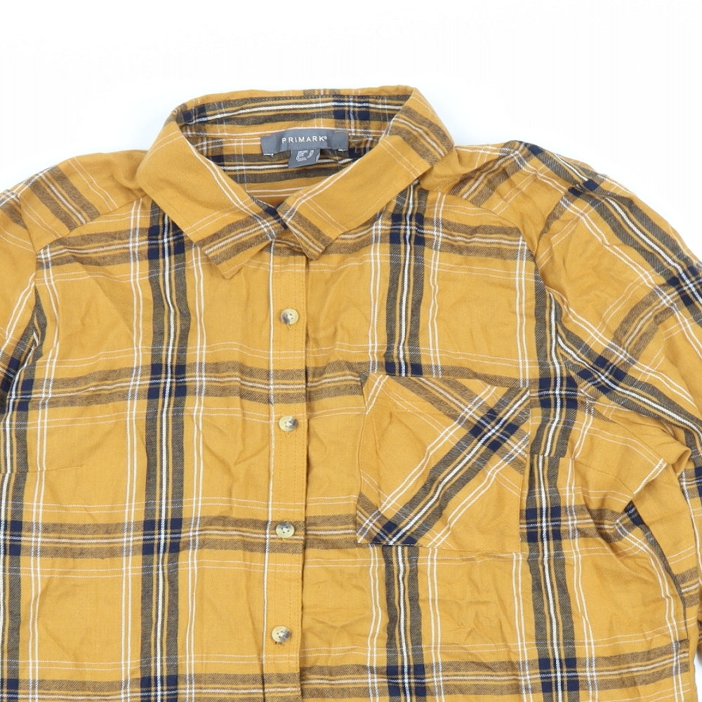 Primark Womens Yellow Plaid Cotton Basic Button-Up Size 14 Collared
