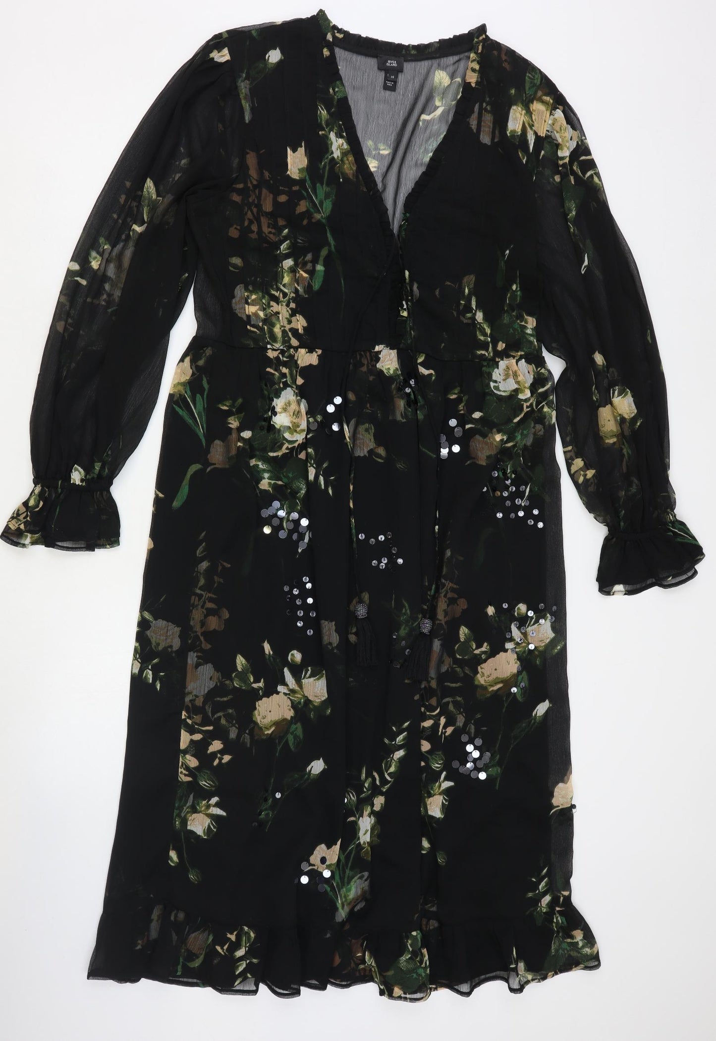 River Island Womens Black Floral Polyester A-Line Size 14 V-Neck Pullover