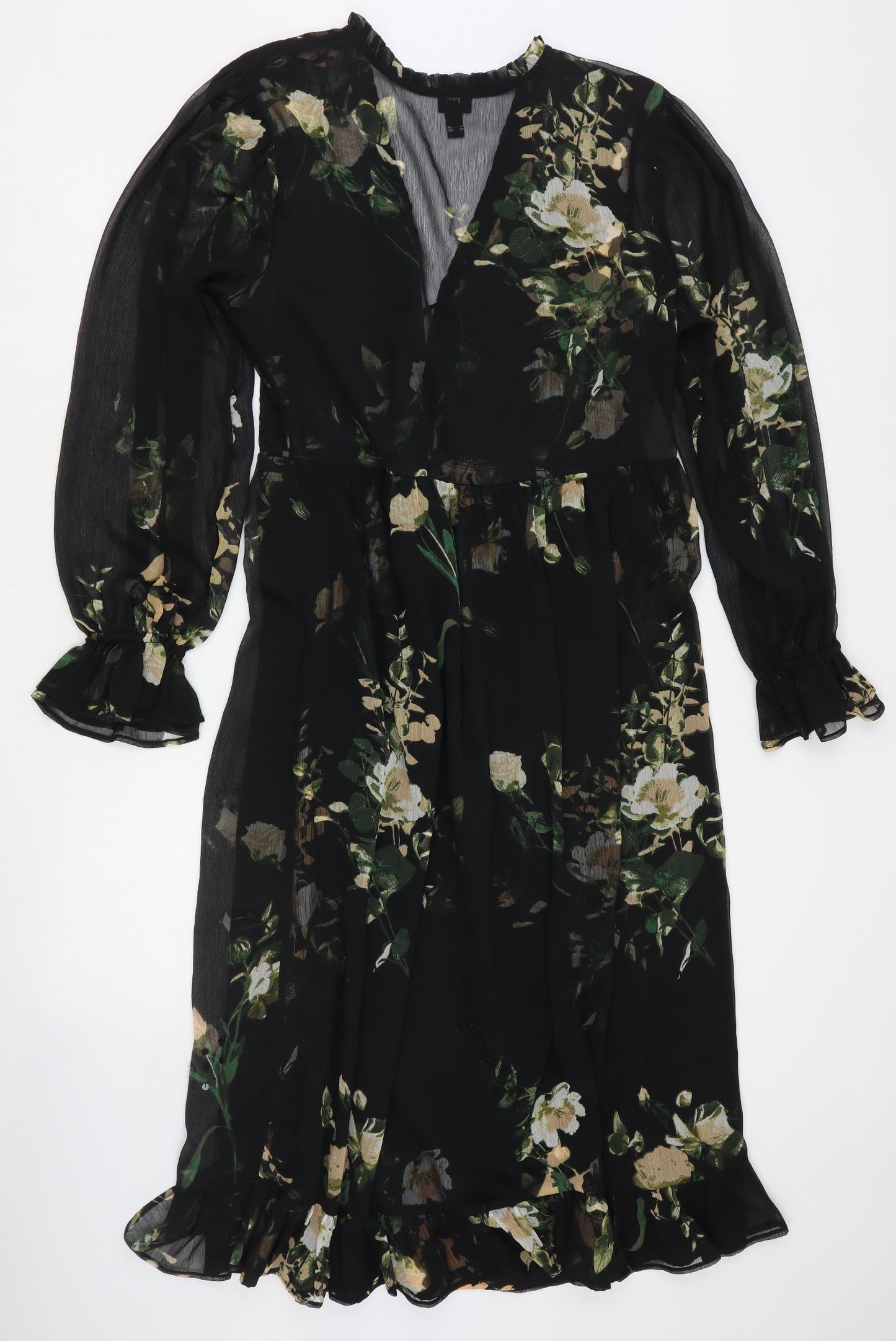 River Island Womens Black Floral Polyester A-Line Size 14 V-Neck Pullover