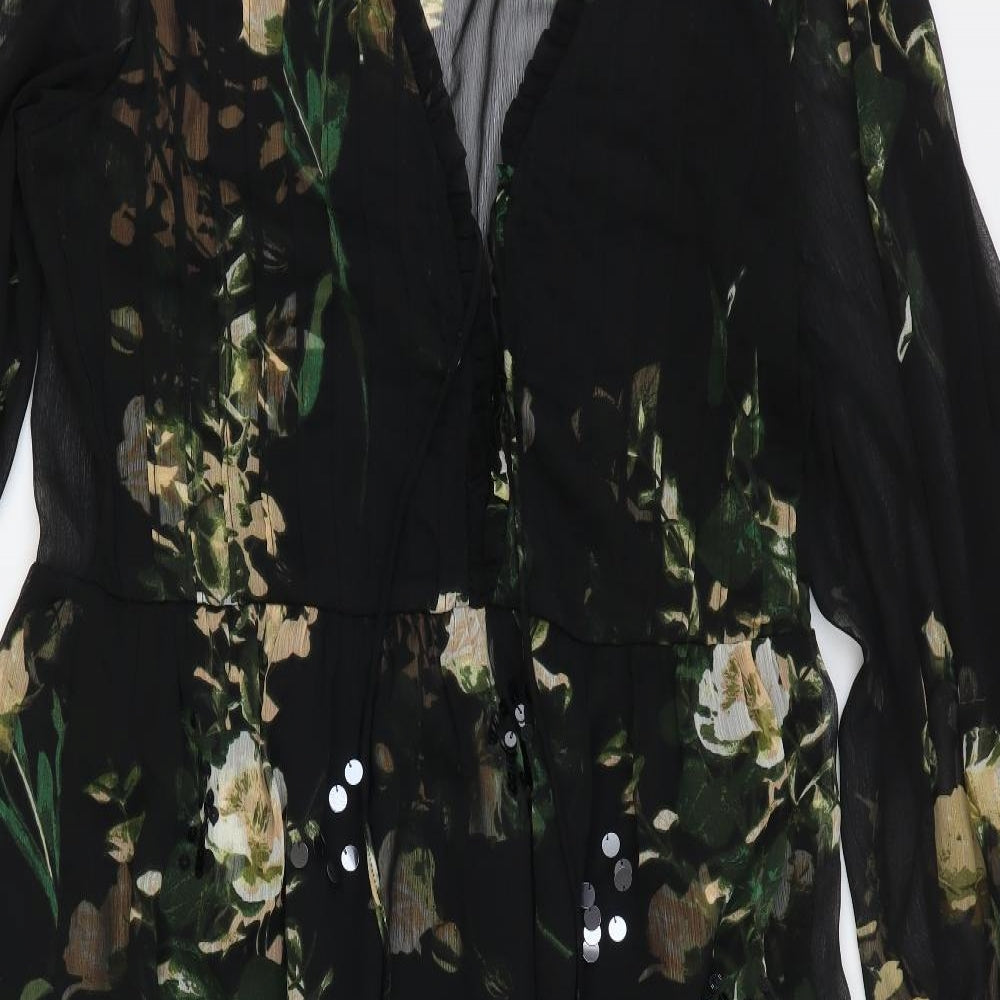 River Island Womens Black Floral Polyester A-Line Size 14 V-Neck Pullover