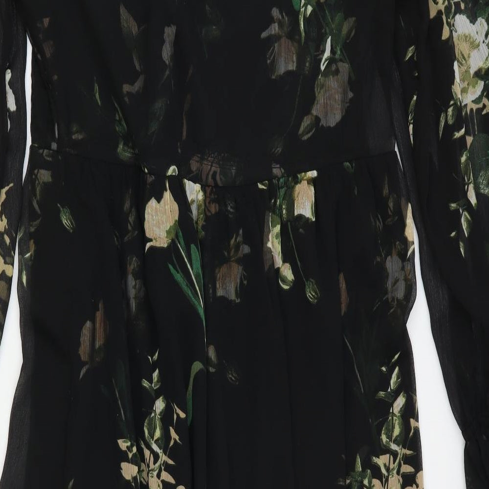 River Island Womens Black Floral Polyester A-Line Size 14 V-Neck Pullover