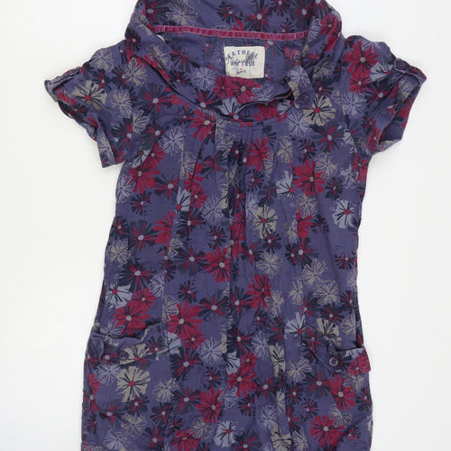 Mantaray Womens Purple Floral 100% Cotton Tunic T-Shirt Size 12 Cowl Neck