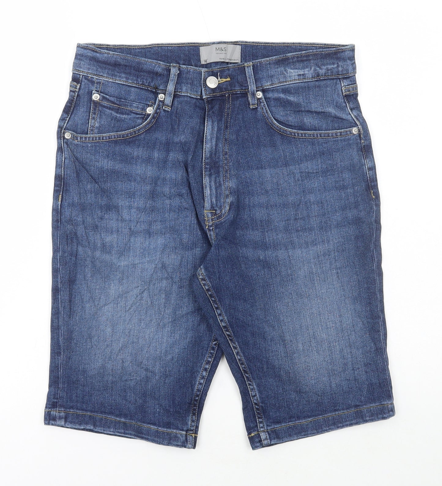 Marks and Spencer Mens Blue Cotton Bermuda Shorts Size 30 in L11 in Regular Button