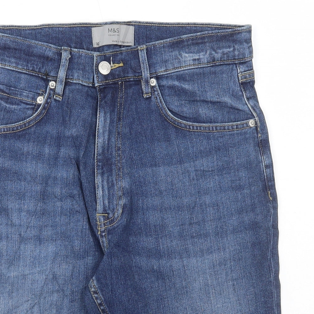 Marks and Spencer Mens Blue Cotton Bermuda Shorts Size 30 in L11 in Regular Button