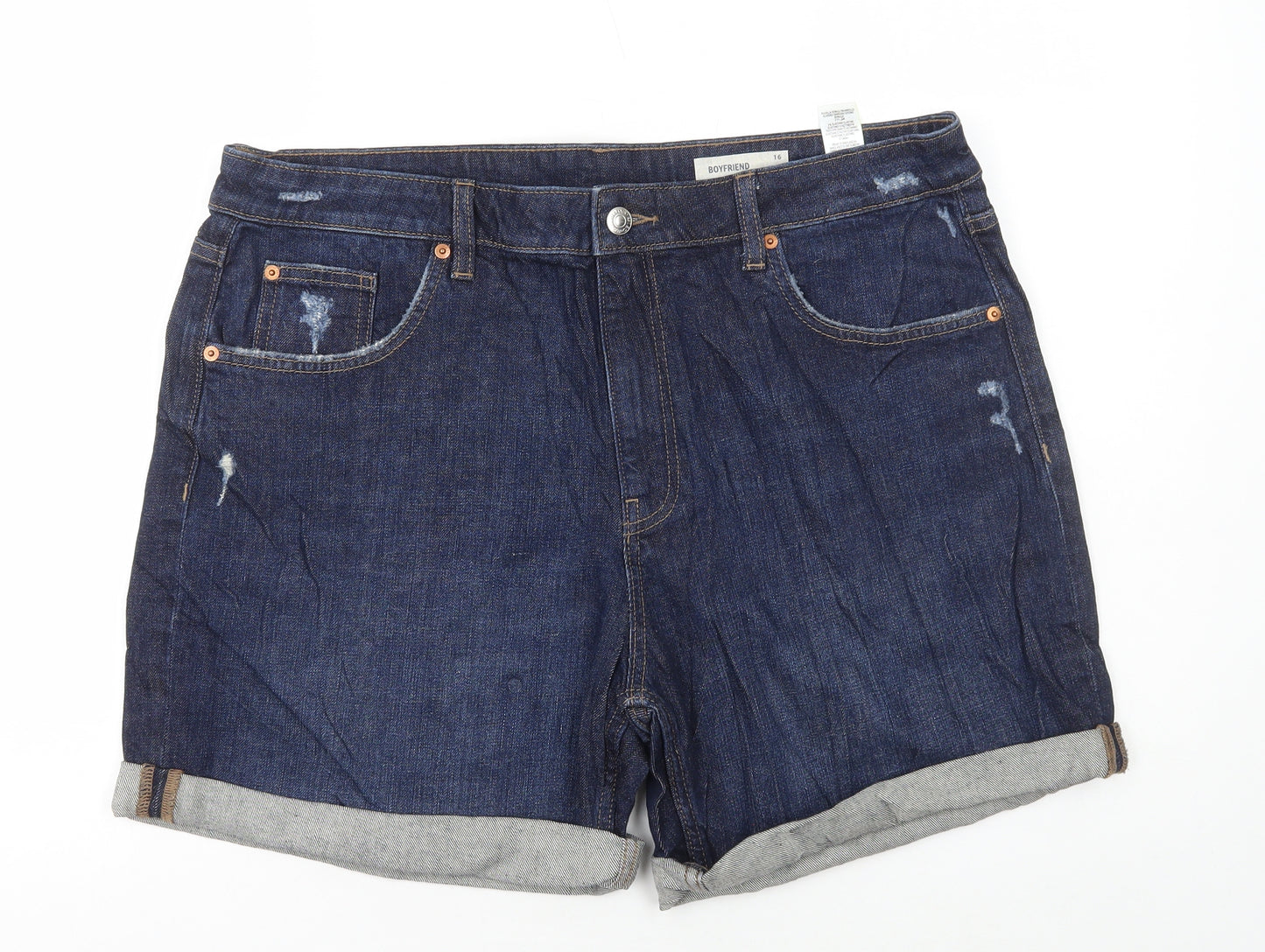 Marks and Spencer Womens Blue Cotton Boyfriend Shorts Size 16 L5 in Regular Button