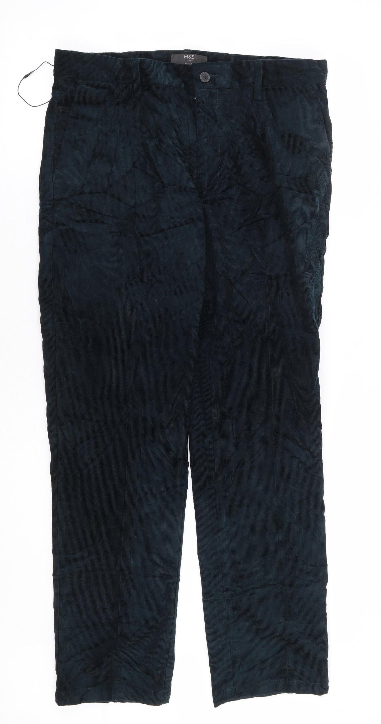 Marks and Spencer Mens Green Cotton Trousers Size 34 in L31 in Regular Zip