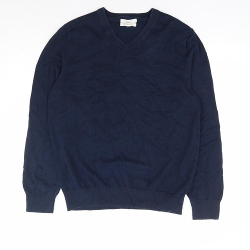 Marks and Spencer Mens Blue V-Neck Cotton Pullover Jumper Size L