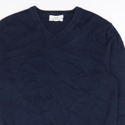 Marks and Spencer Mens Blue V-Neck Cotton Pullover Jumper Size L