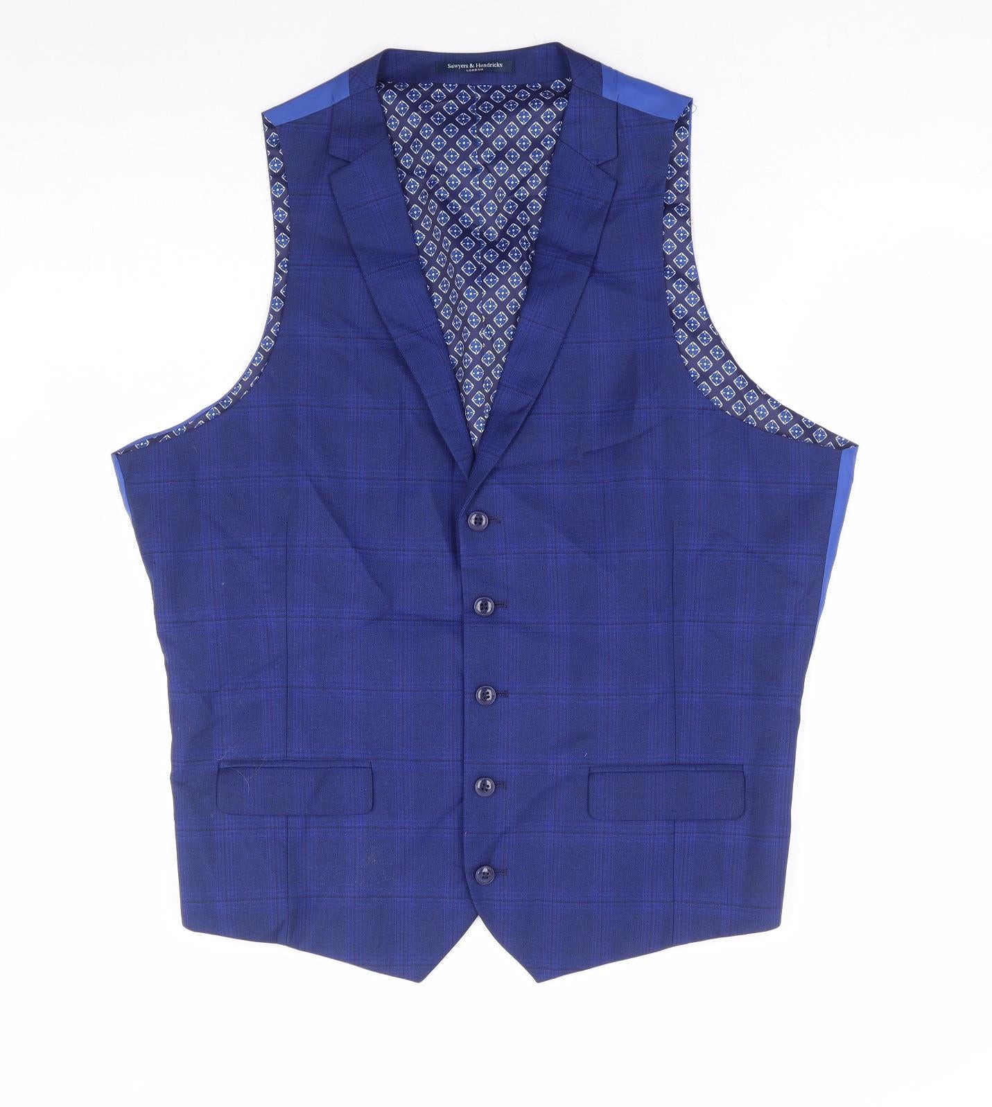 Sawyers & Hendricks Mens Blue Plaid Polyester Jacket Suit Waistcoat Size 42