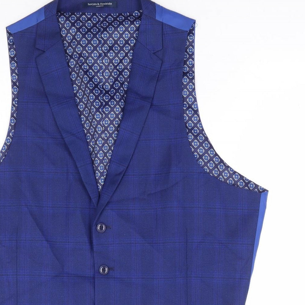 Sawyers & Hendricks Mens Blue Plaid Polyester Jacket Suit Waistcoat Size 42