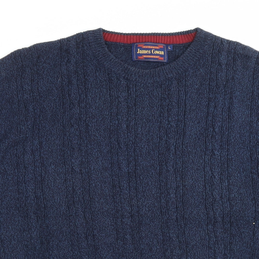 James Cowan Mens Blue Crew Neck Cotton Pullover Jumper Size L