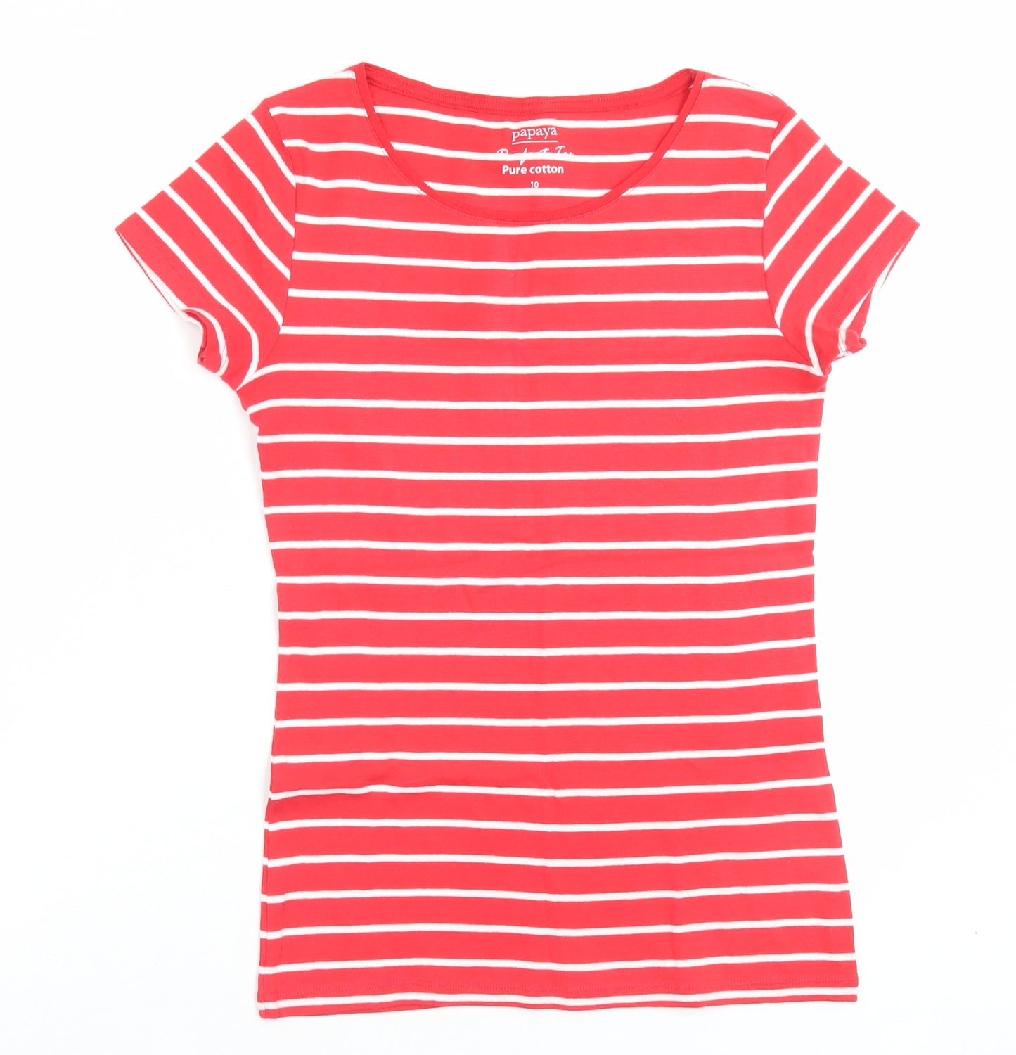 Papaya Womens Red Striped Cotton Basic T-Shirt Size 10 Boat Neck