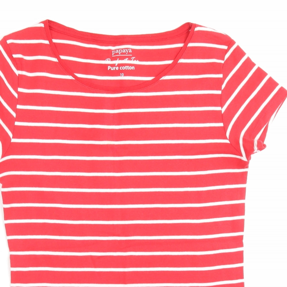 Papaya Womens Red Striped Cotton Basic T-Shirt Size 10 Boat Neck