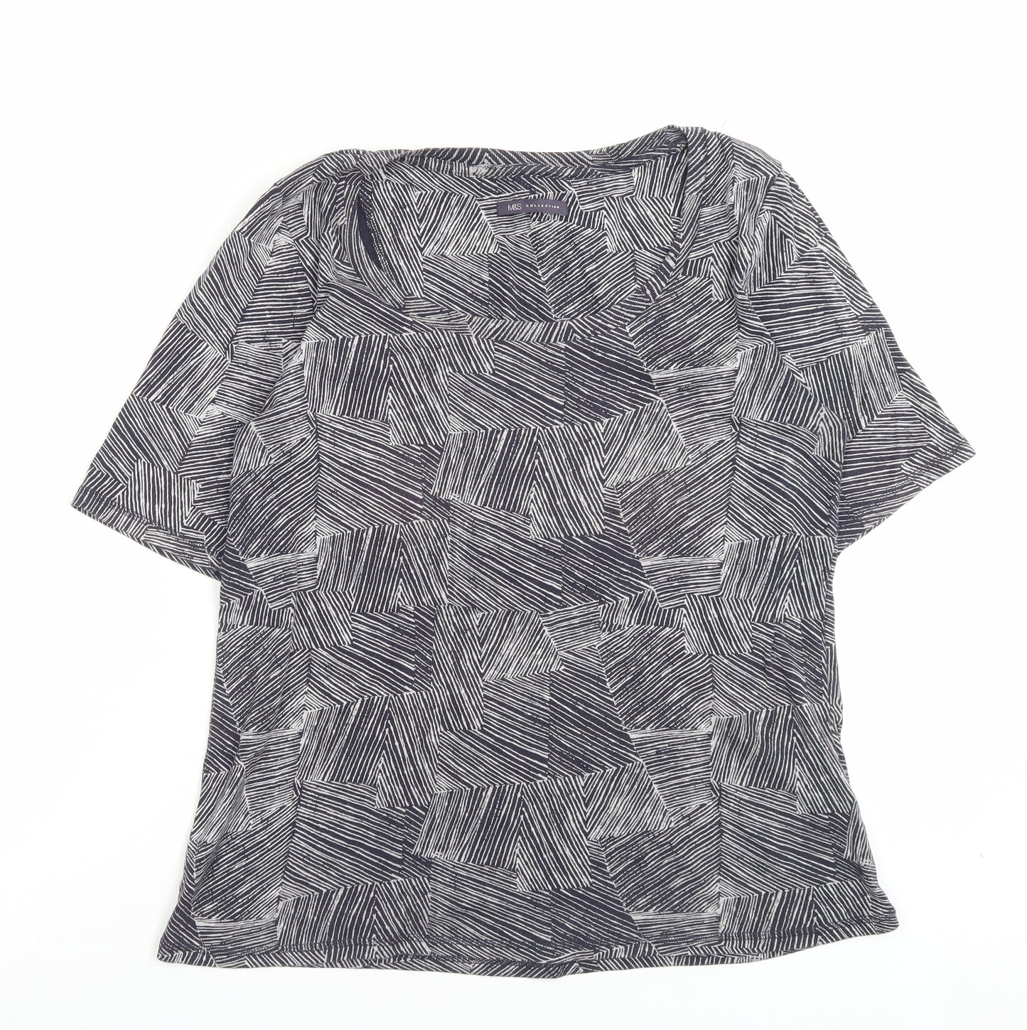Marks and Spencer Womens Blue Geometric Cotton Basic T-Shirt Size 16 Scoop Neck