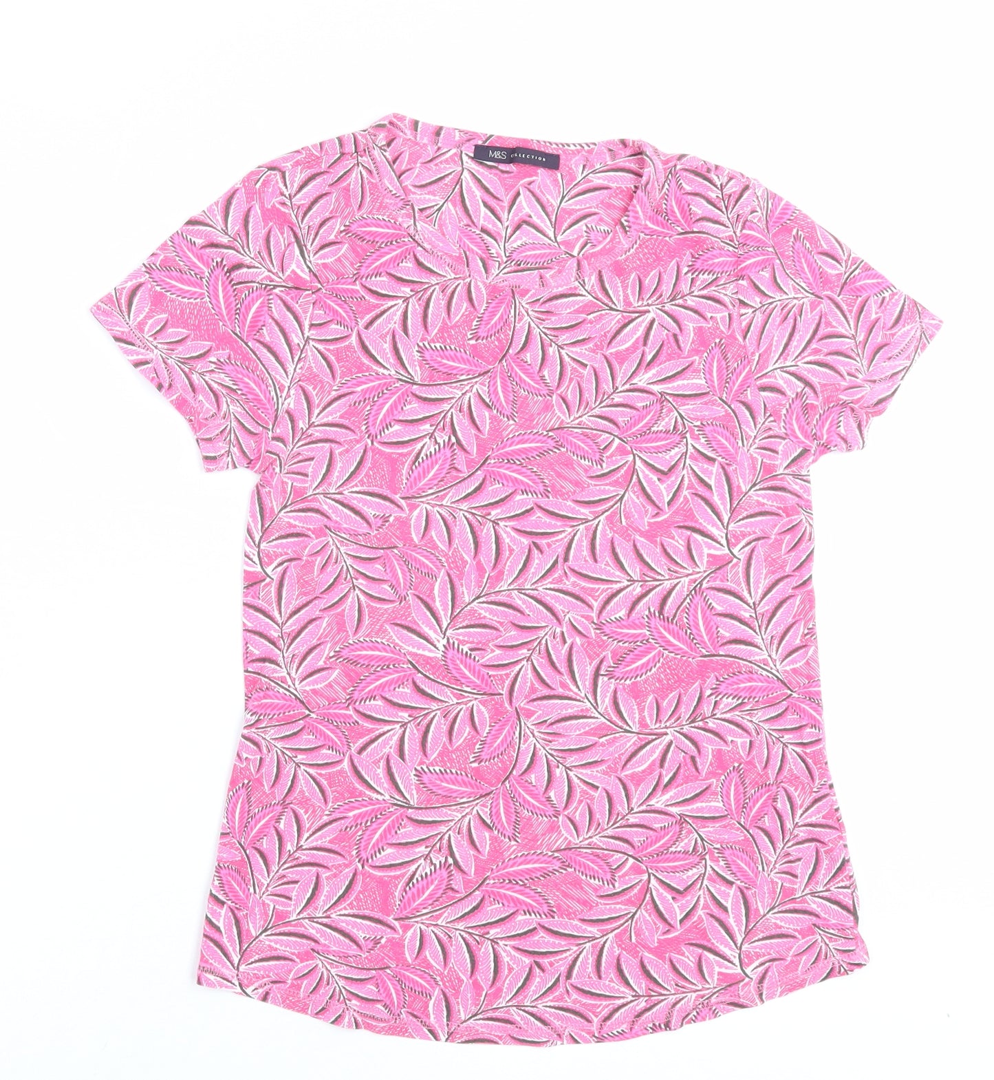 Marks and Spencer Womens Pink Geometric Cotton Basic T-Shirt Size 12 Crew Neck