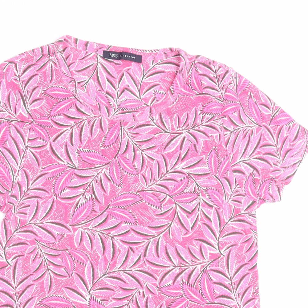 Marks and Spencer Womens Pink Geometric Cotton Basic T-Shirt Size 12 Crew Neck