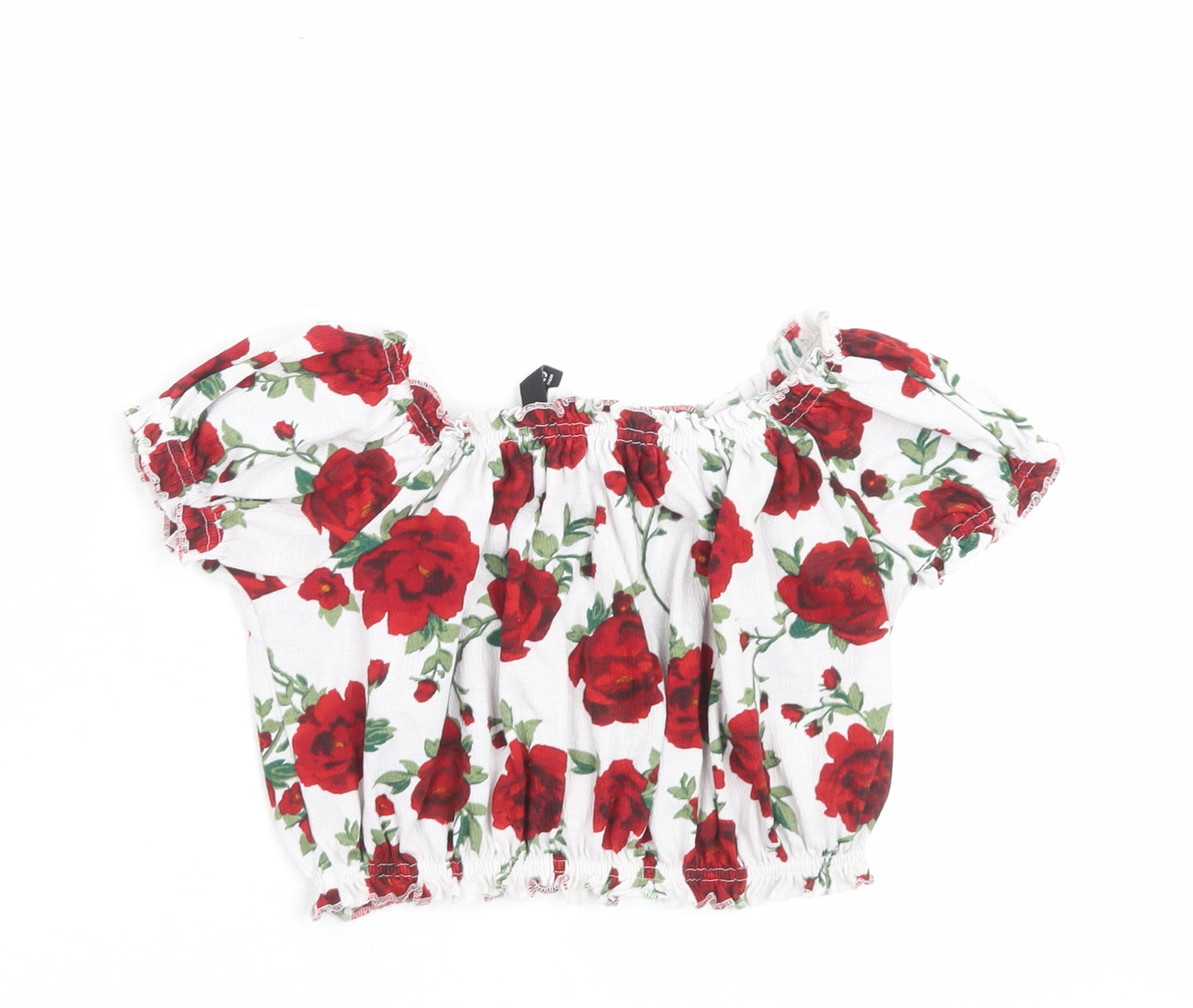 H&M Womens White Floral Polyester Cropped T-Shirt Size S Boat Neck