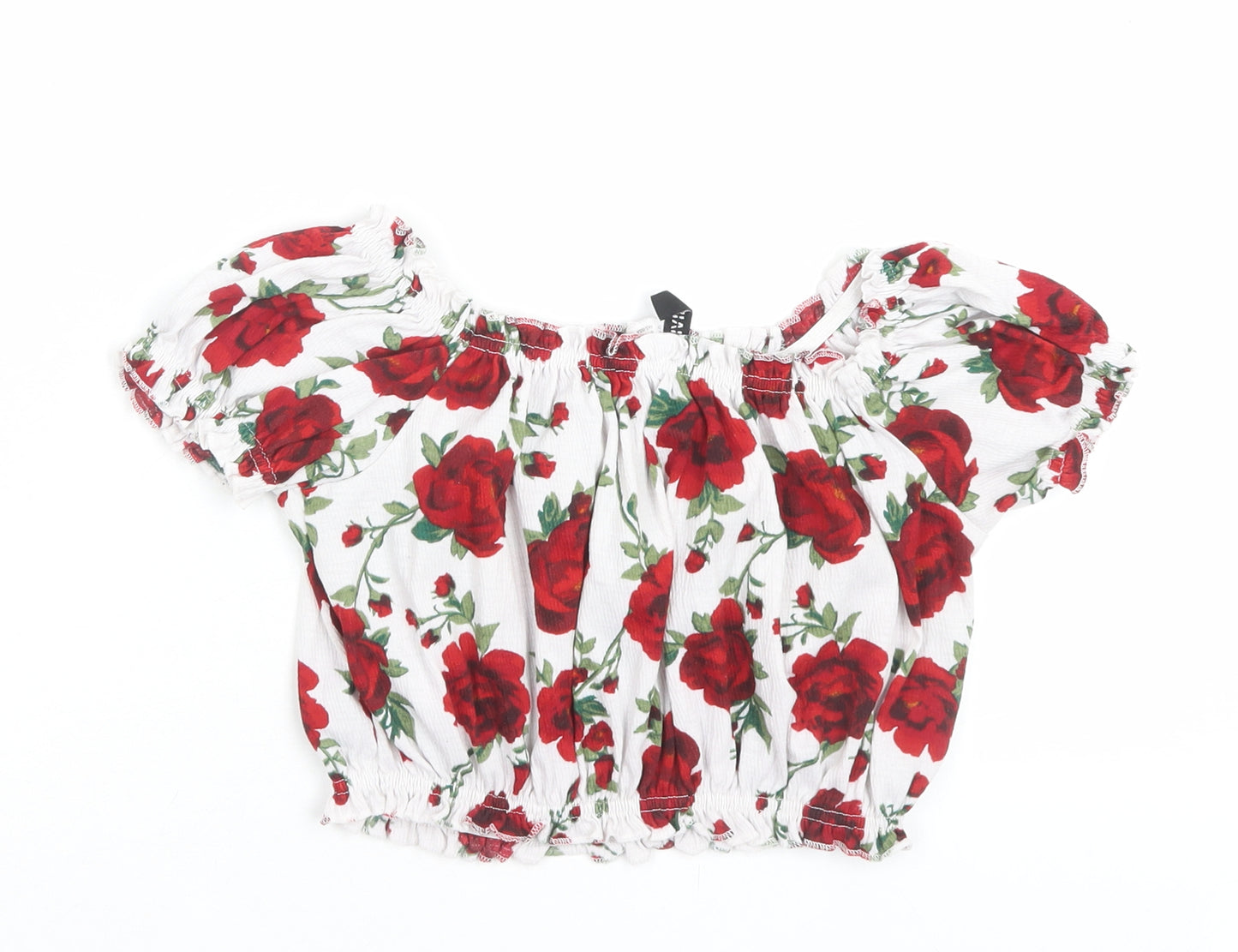 H&M Womens White Floral Polyester Cropped T-Shirt Size S Boat Neck