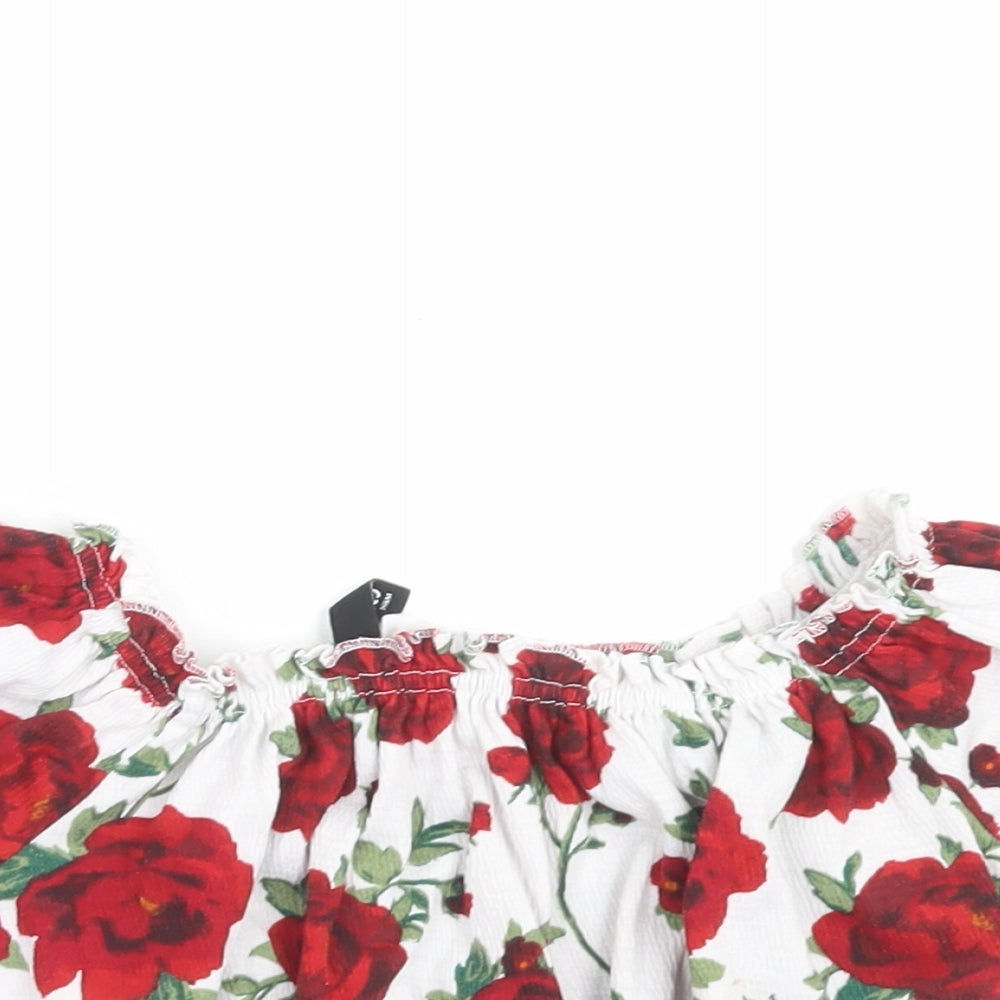 H&M Womens White Floral Polyester Cropped T-Shirt Size S Boat Neck