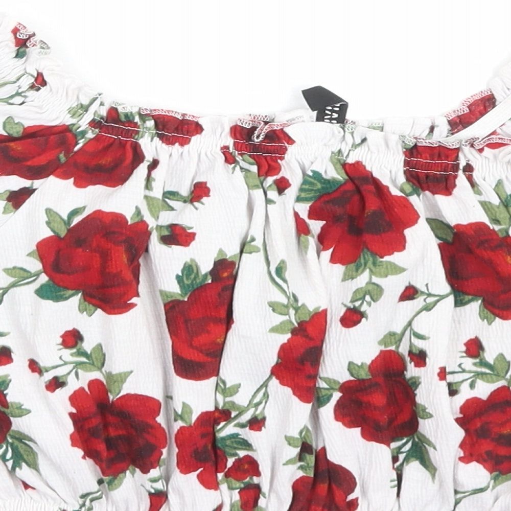 H&M Womens White Floral Polyester Cropped T-Shirt Size S Boat Neck