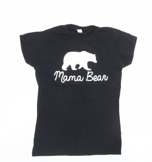 Front view of Gildan women’s black cotton basic t-shirt, size M, crew neck - mama bear