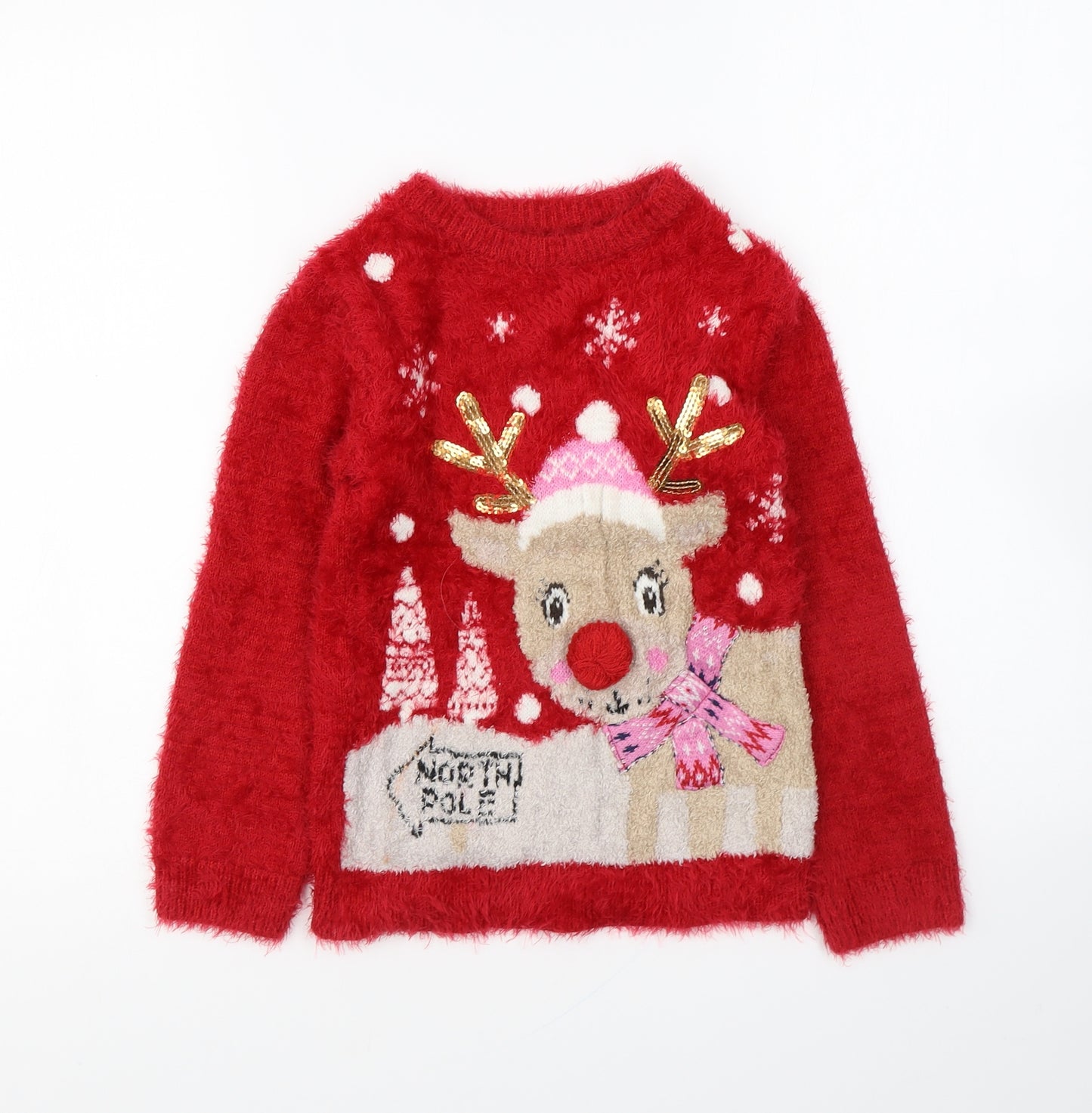 Nutmeg Girls Red Round Neck Polyamide Pullover Jumper Size 8-9 Years Pullover - Christmas Jumper