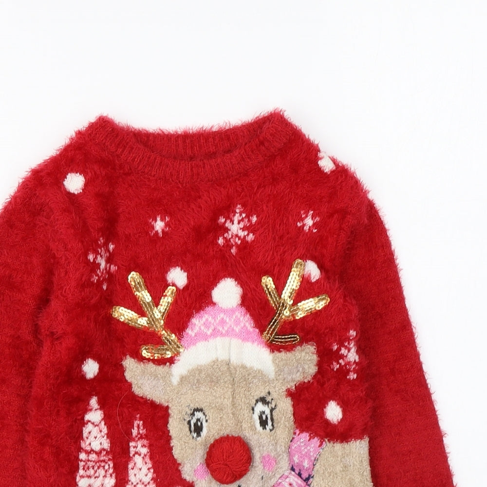 Nutmeg Girls Red Round Neck Polyamide Pullover Jumper Size 8-9 Years Pullover - Christmas Jumper