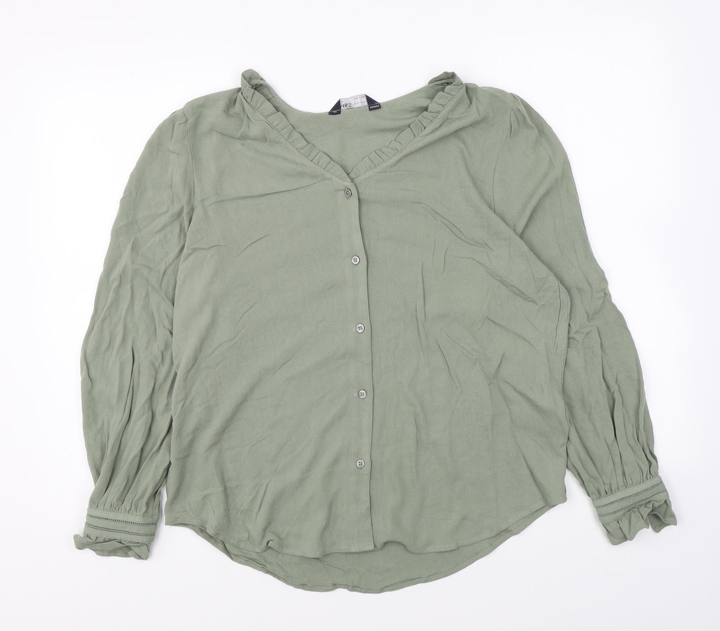 Marks and Spencer Womens Green Viscose Basic Button-Up Size 14 V-Neck