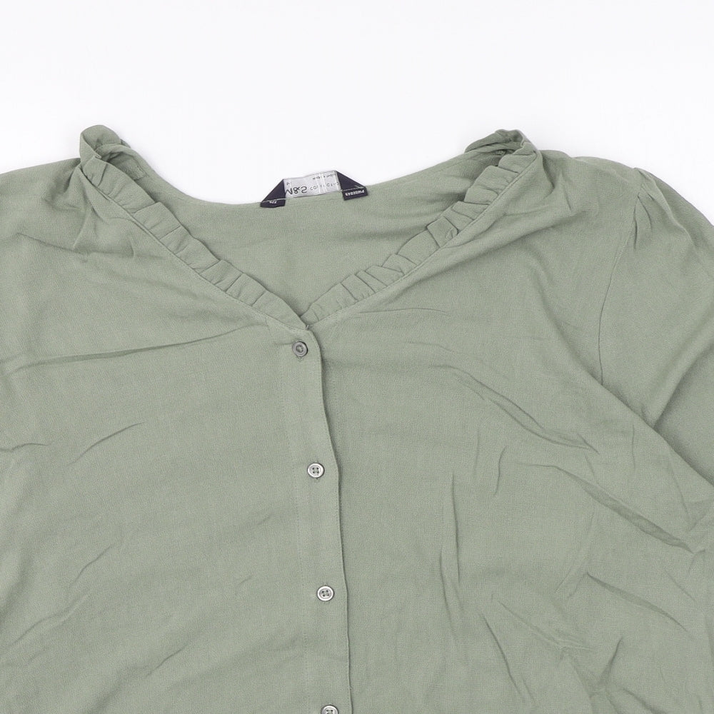 Marks and Spencer Womens Green Viscose Basic Button-Up Size 14 V-Neck